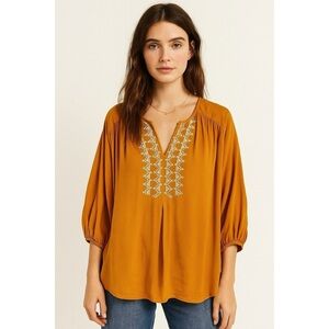Anthropologie Dolan Embroidered Marigold Boho Indie Mustard Blouse Size L